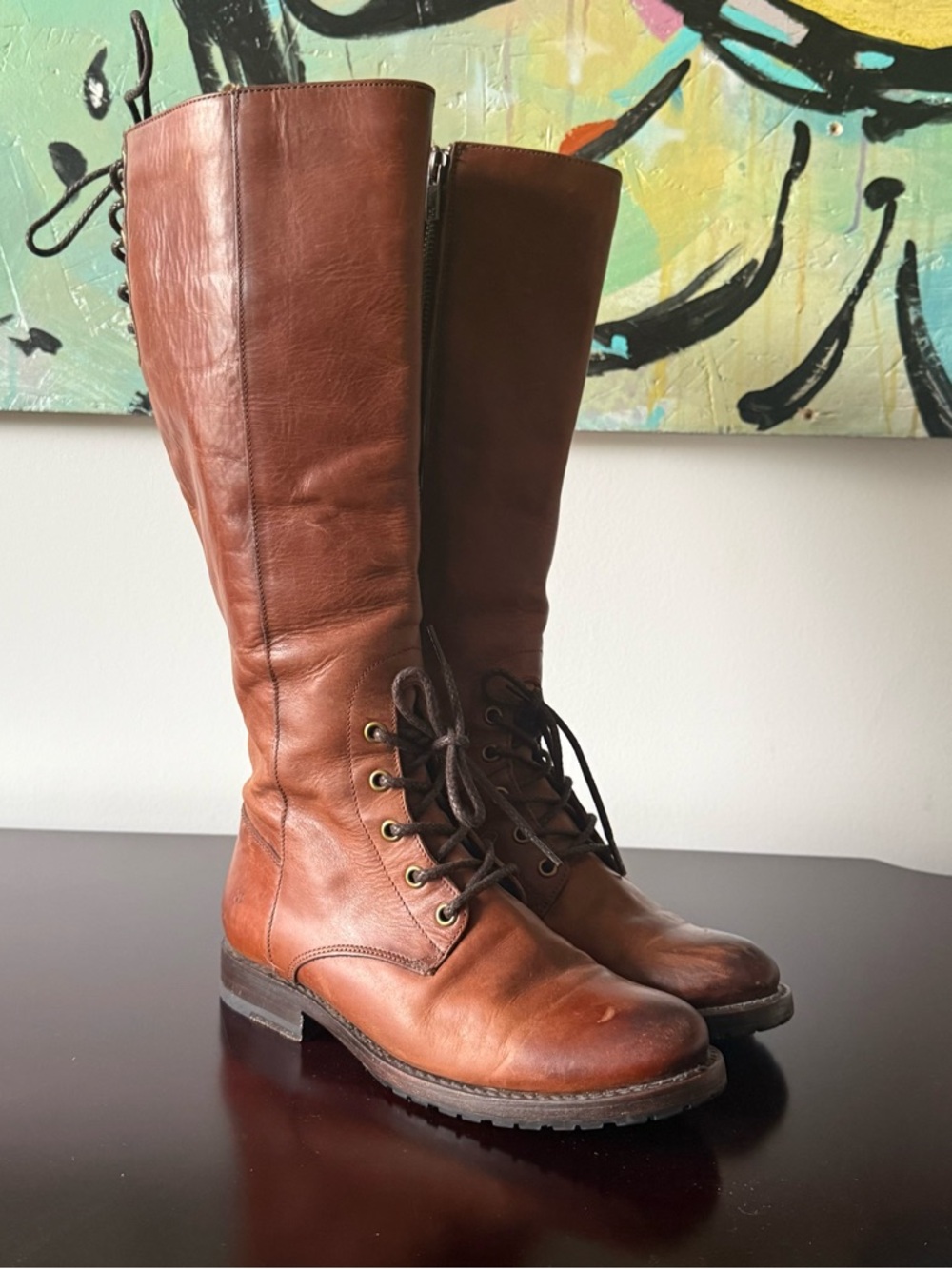 Frye - Women’s Tall Lace Up Leather Natalie Boot Combat Riding Boot - Brown US 7 - Picture 4 of 14